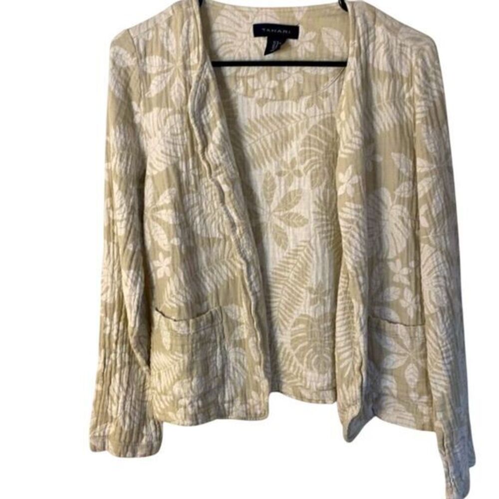TAHARI Linen Floral Open Front Jacket M Beige Cream Boho Resort Lightweight EUC